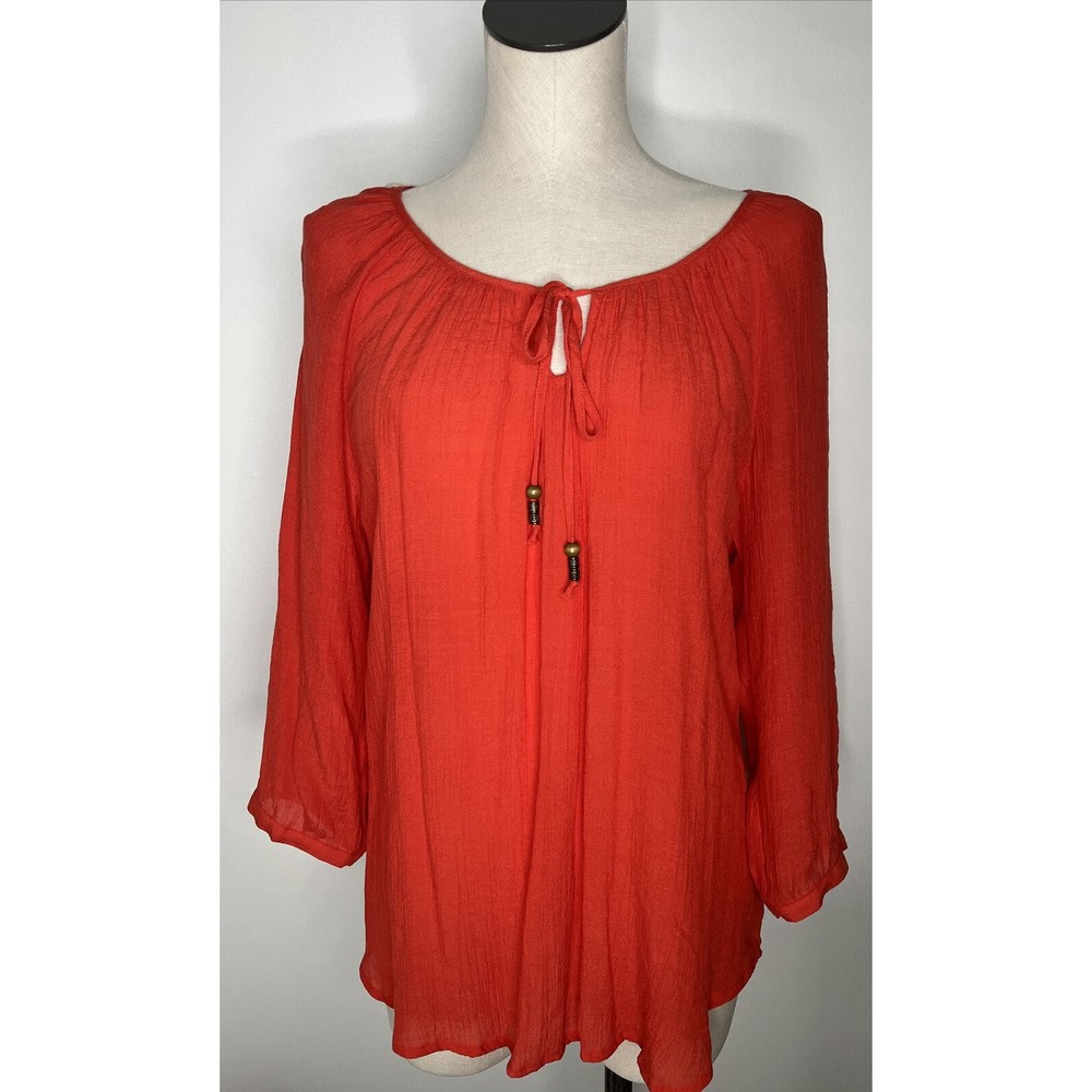 Signature Studio Boho Top Crochet Back Orange Guage Keyhole Beads XL